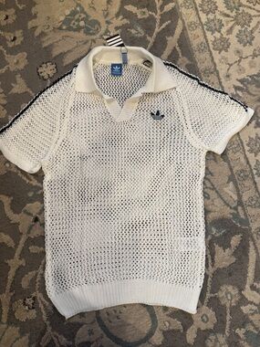 adidas White Open-Knit Polo with Navy Trim